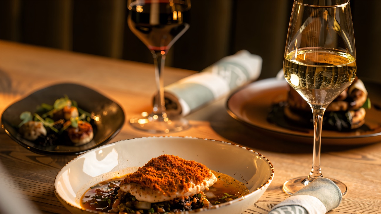A plated spa lunch with a glass of wine in the Palm House restaurant.