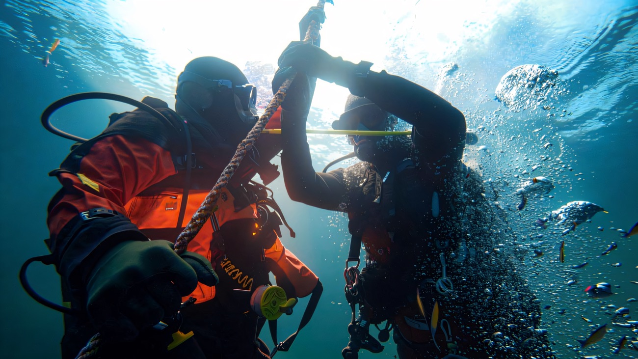 Two divers on the shot line just below the surface, surrounded by bubbles