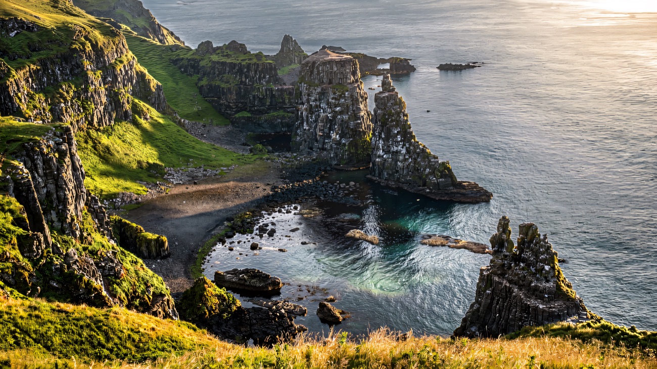 A hidden shingle cove framed by jagged basalt stacks