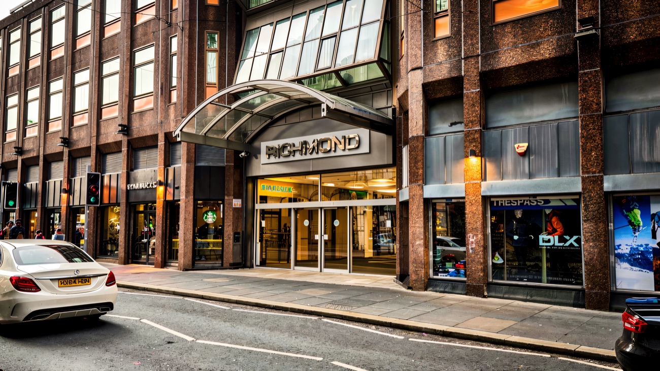 The Richmond Centre frontage on Ferryquay Street, with a Starbucks and a Trespass either side of the doors