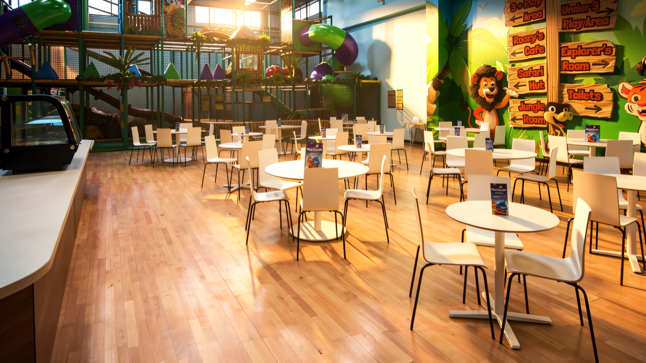 The café seating area, round white tables looking across to the play frame