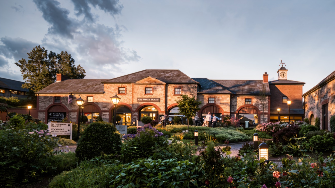 The Coach House brasserie behind flowering gardens in the resort courtyard.