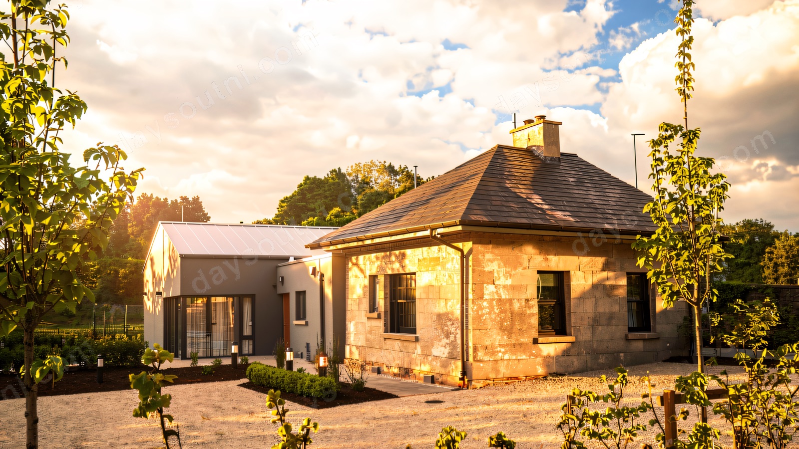 A stone lodge and modern glazed extension in the resort grounds on a bright day.
