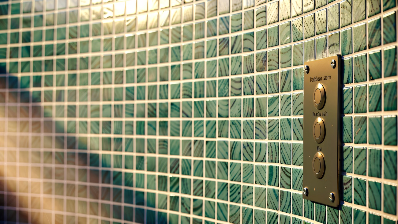 Tiled shower wall with push-button settings for mist, needle rain and Caribbean storm