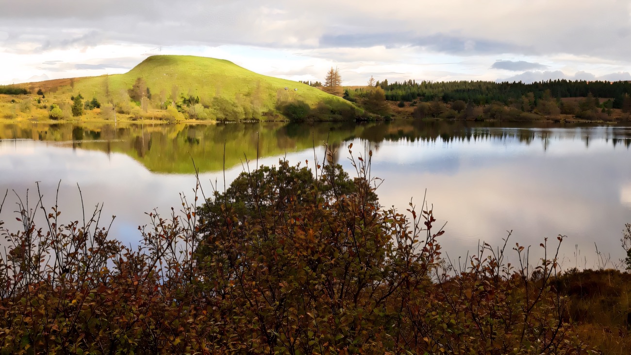 A quiet reed-fringed lough with a green hillock reflected in still water.