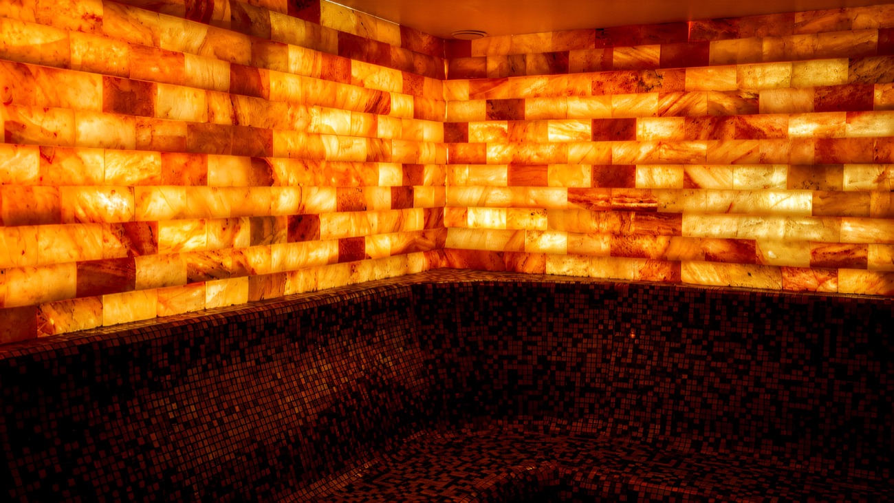 The Himalayan salt cove, its walls glowing warm amber.