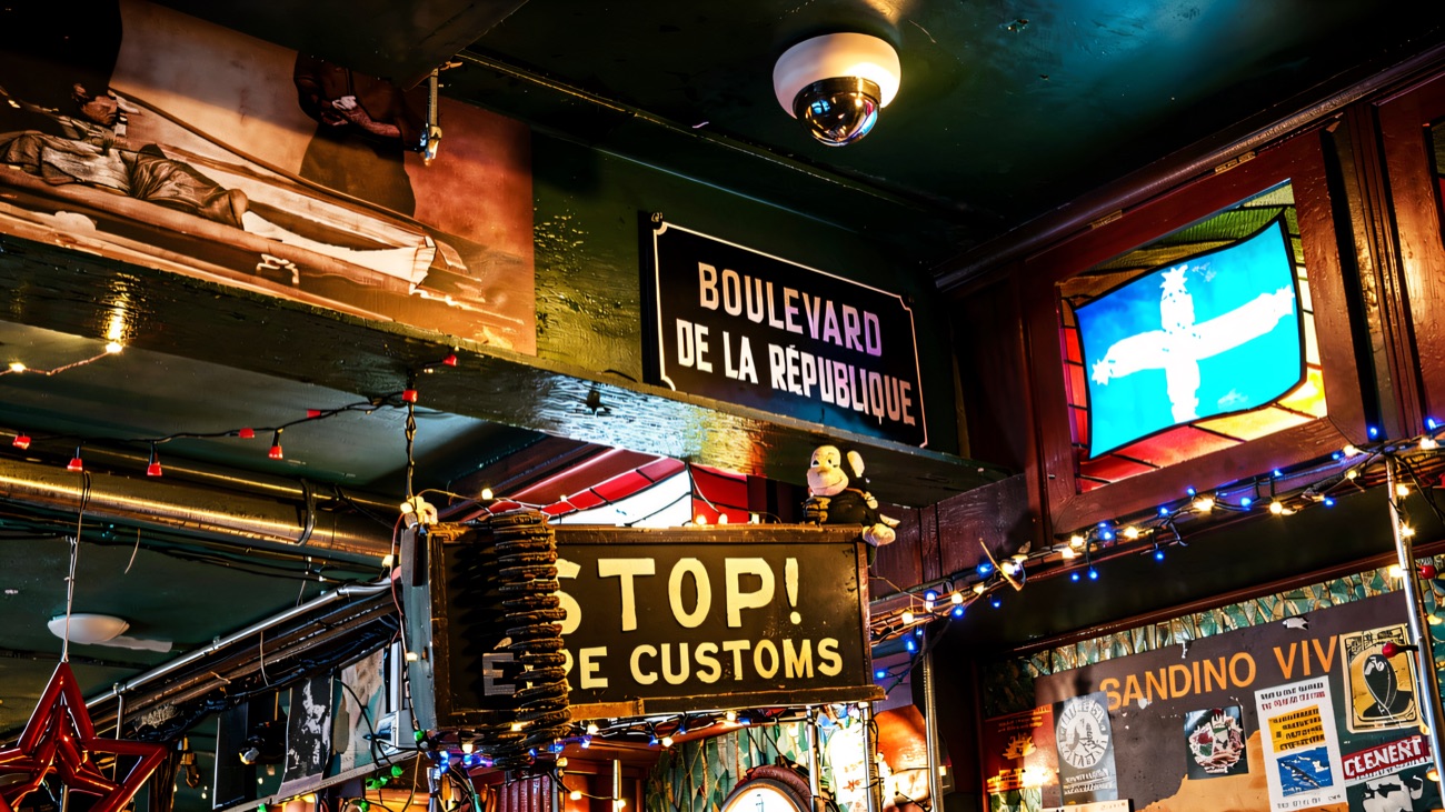 Stained glass and an old street sign near the ceiling inside