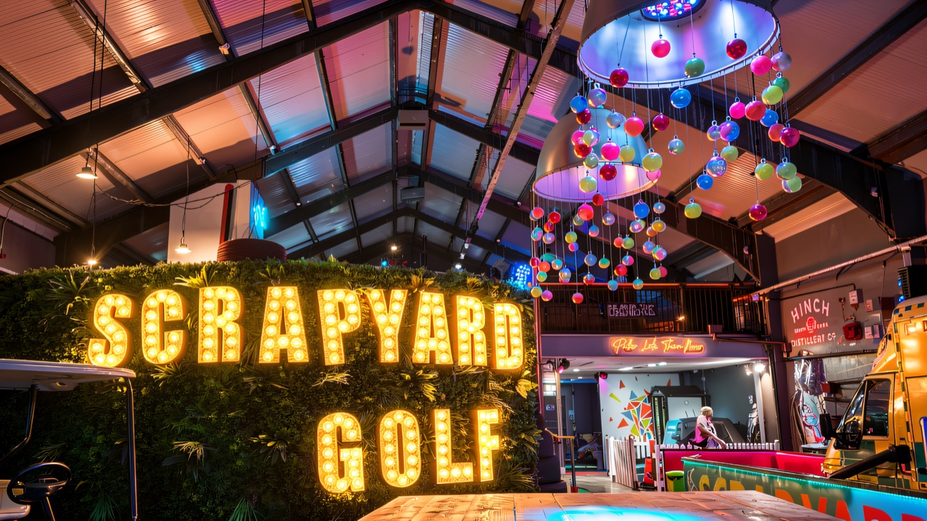 The bright bulb-lit Scrapyard Golf sign and bar