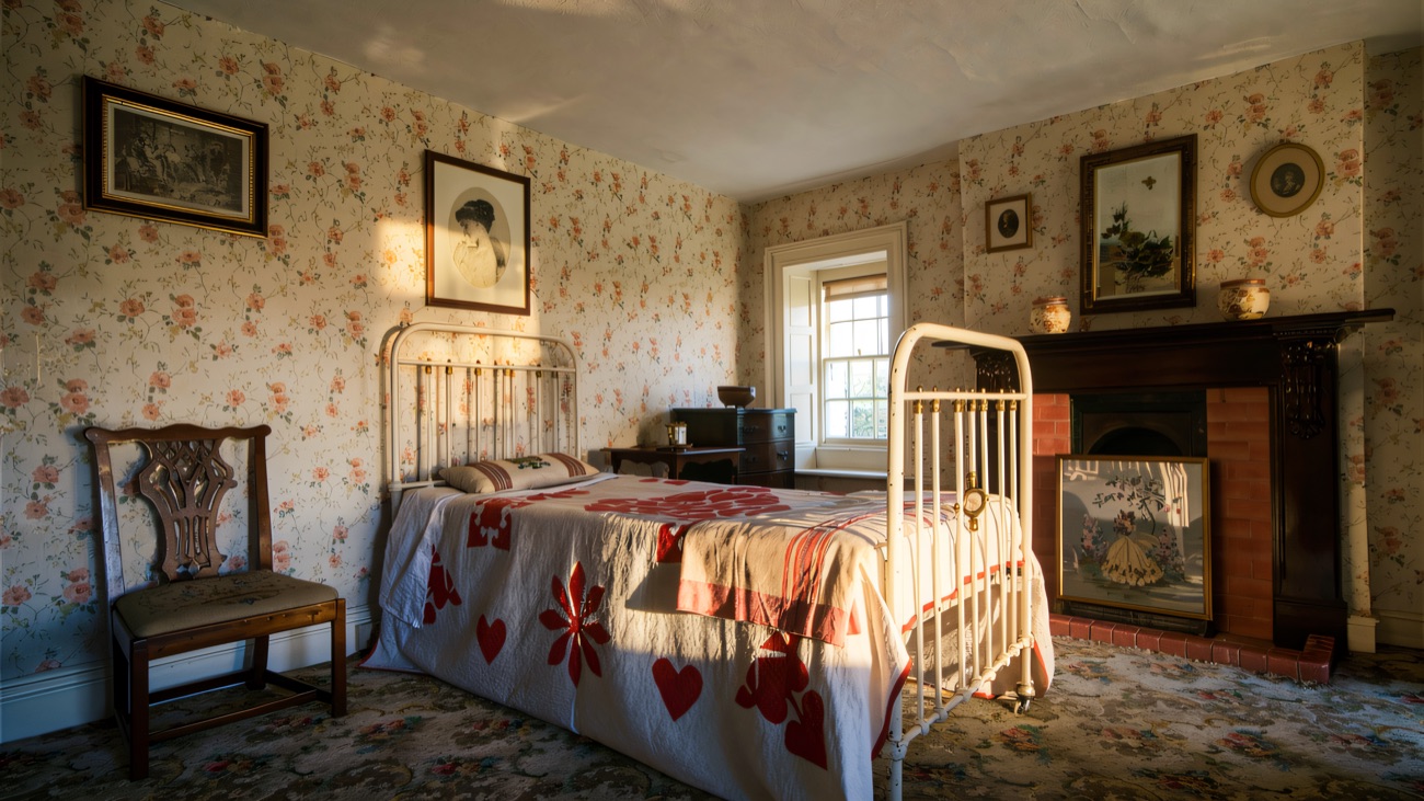 A period bedroom with iron bedstead, patchwork quilt and floral wallpaper.
