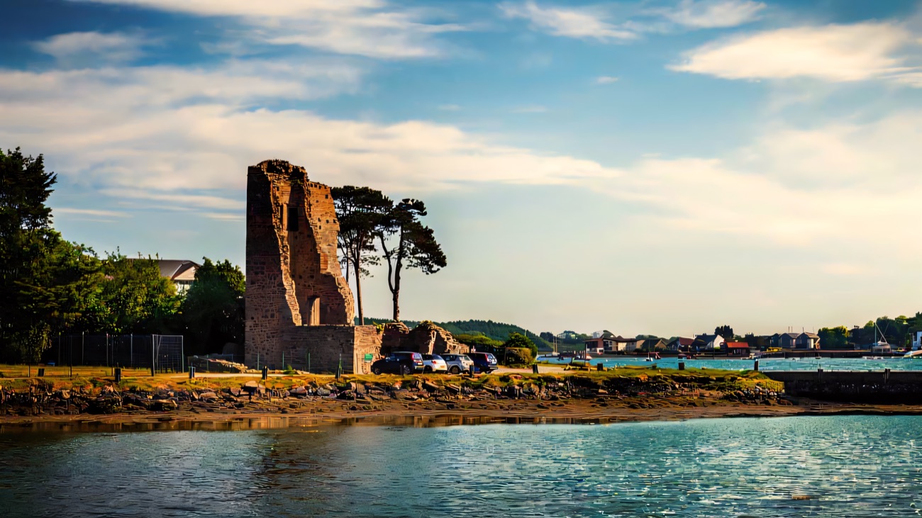 A bright lough-side view of the tower with the marina beyond.