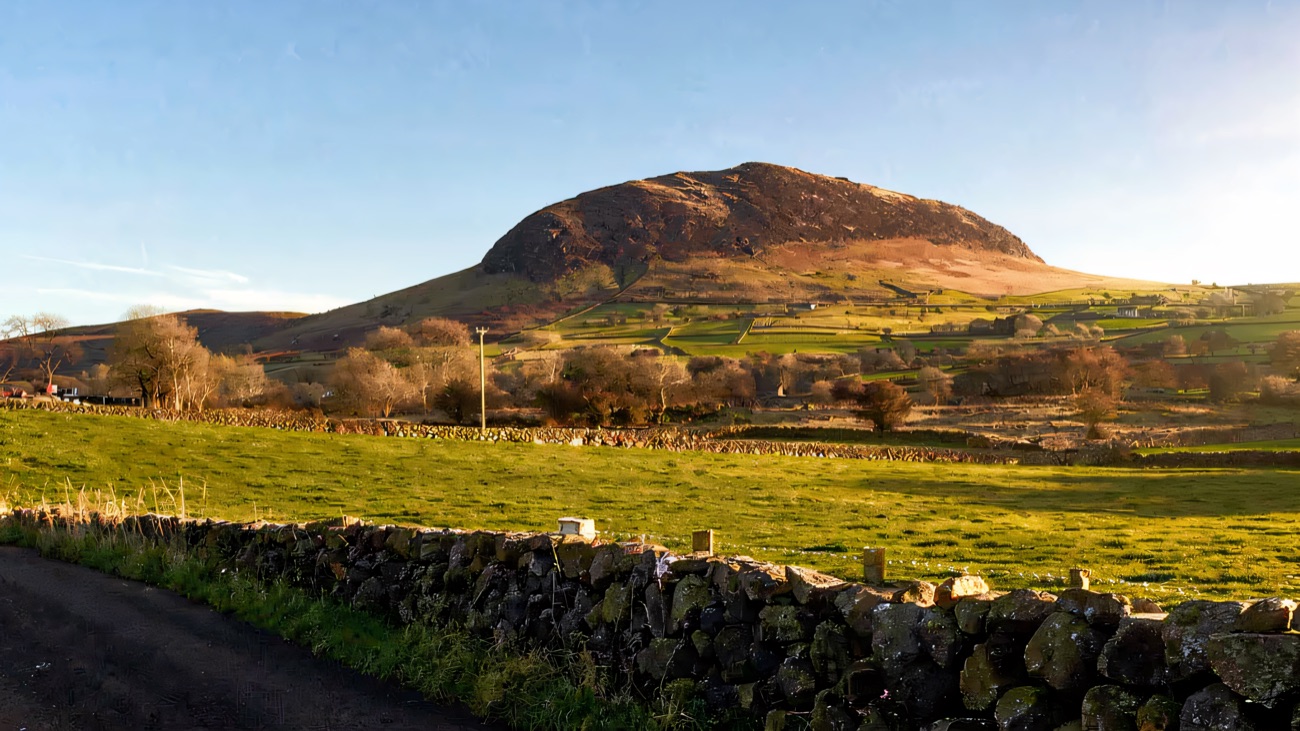 Slemish standing proud over the green fields on a crisp winter morning