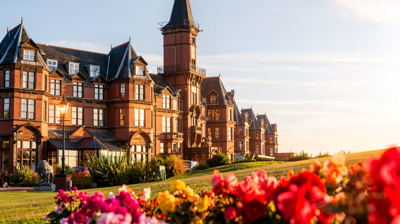 The grand red-brick Victorian hotel above its lawns, with summer flowers in the foreground.