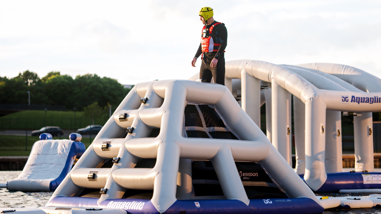 Up to the top of the inflatable tower before the plunge