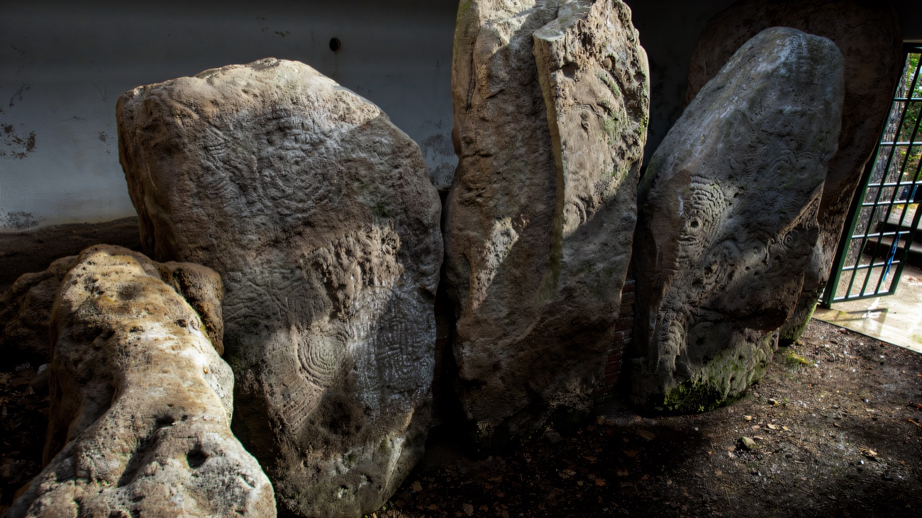 The decorated stones inside, carved with spirals and loops in the Neolithic style.
