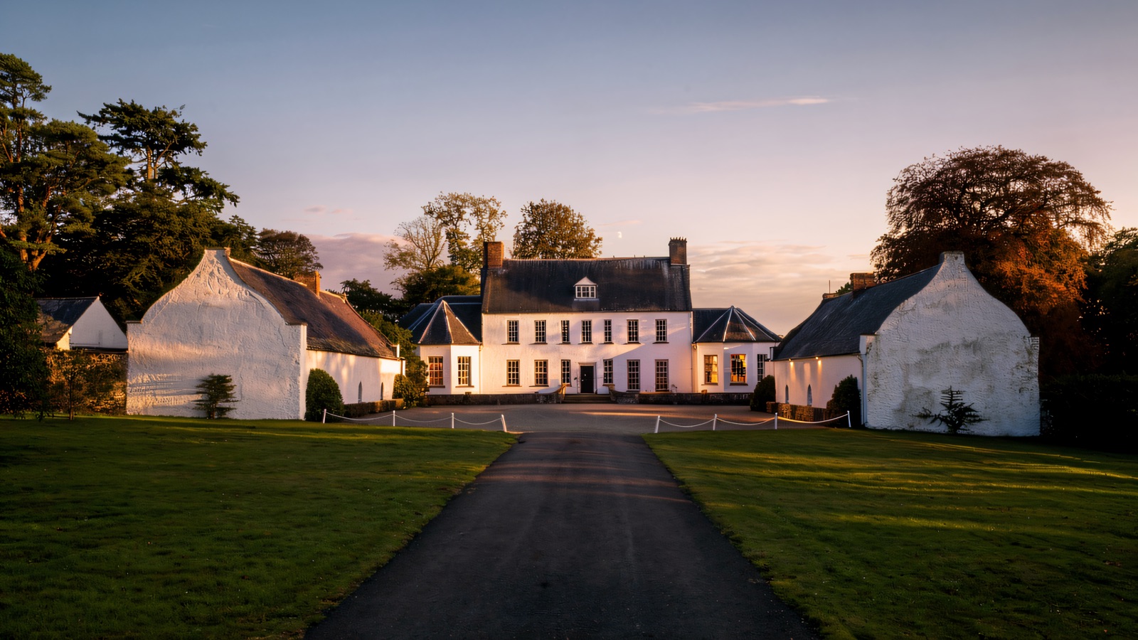 The whitewashed Springhill House at dusk, flanked by two white outbuildings, with a long straight driveway across a green lawn