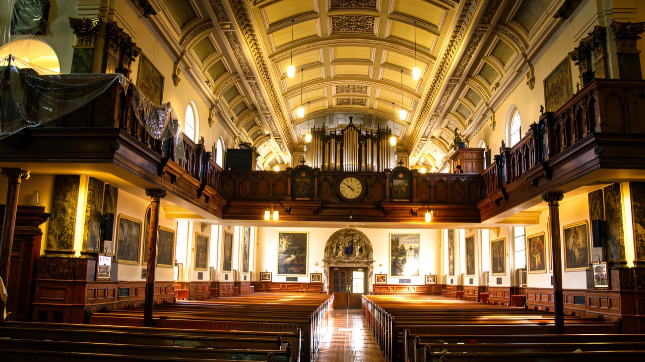 Looking back down the nave to the organ gallery and clock beneath the barrel-vaulted ceiling.