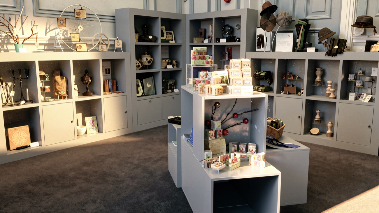 The craft shop, with handmade gifts along the shelves.