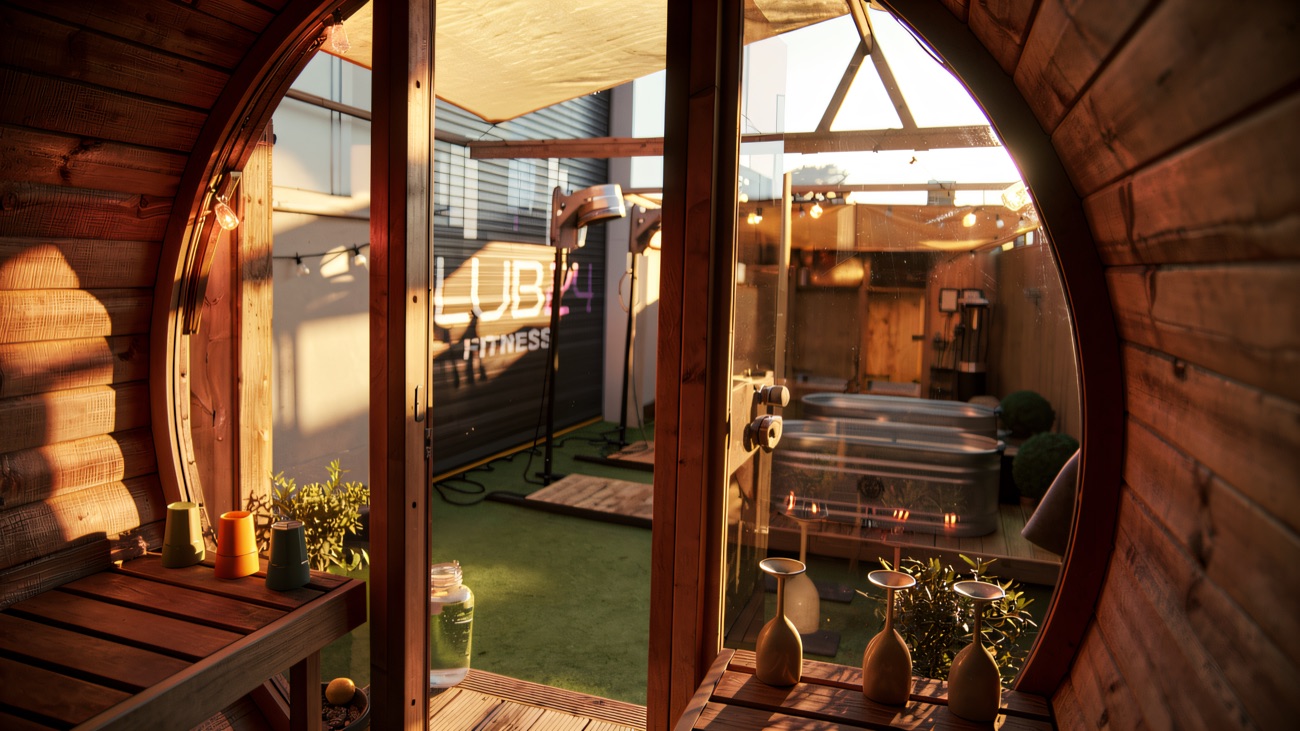View out from the sauna bench to the cold plunge tubs in the yard