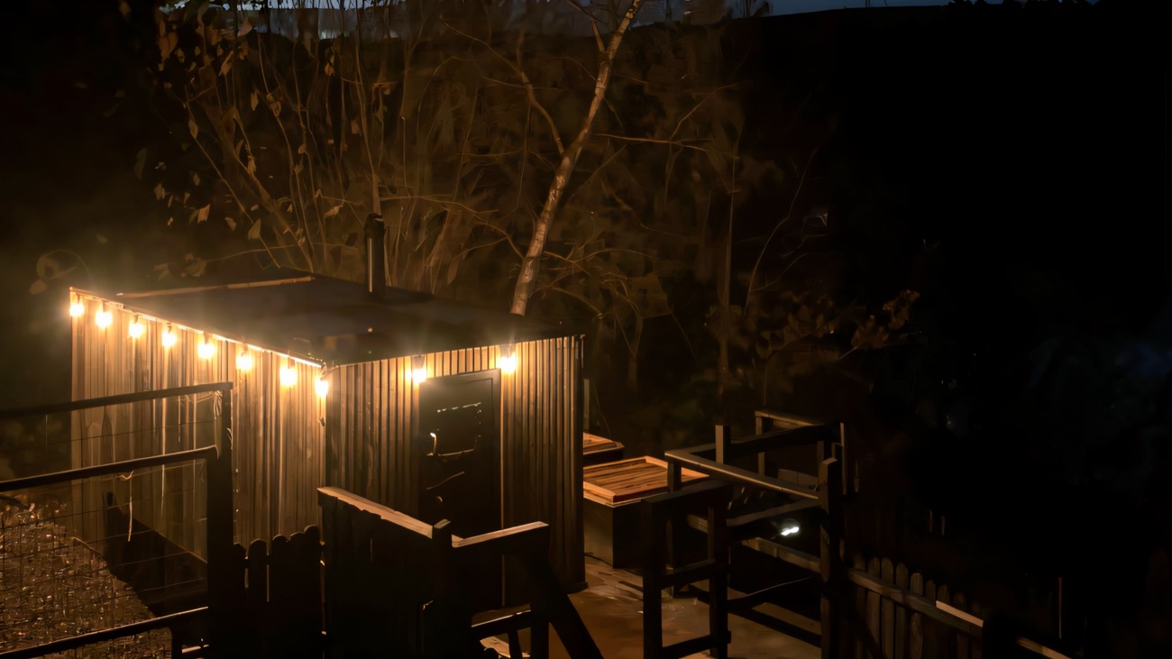 Festoon lights on the cabin at dusk