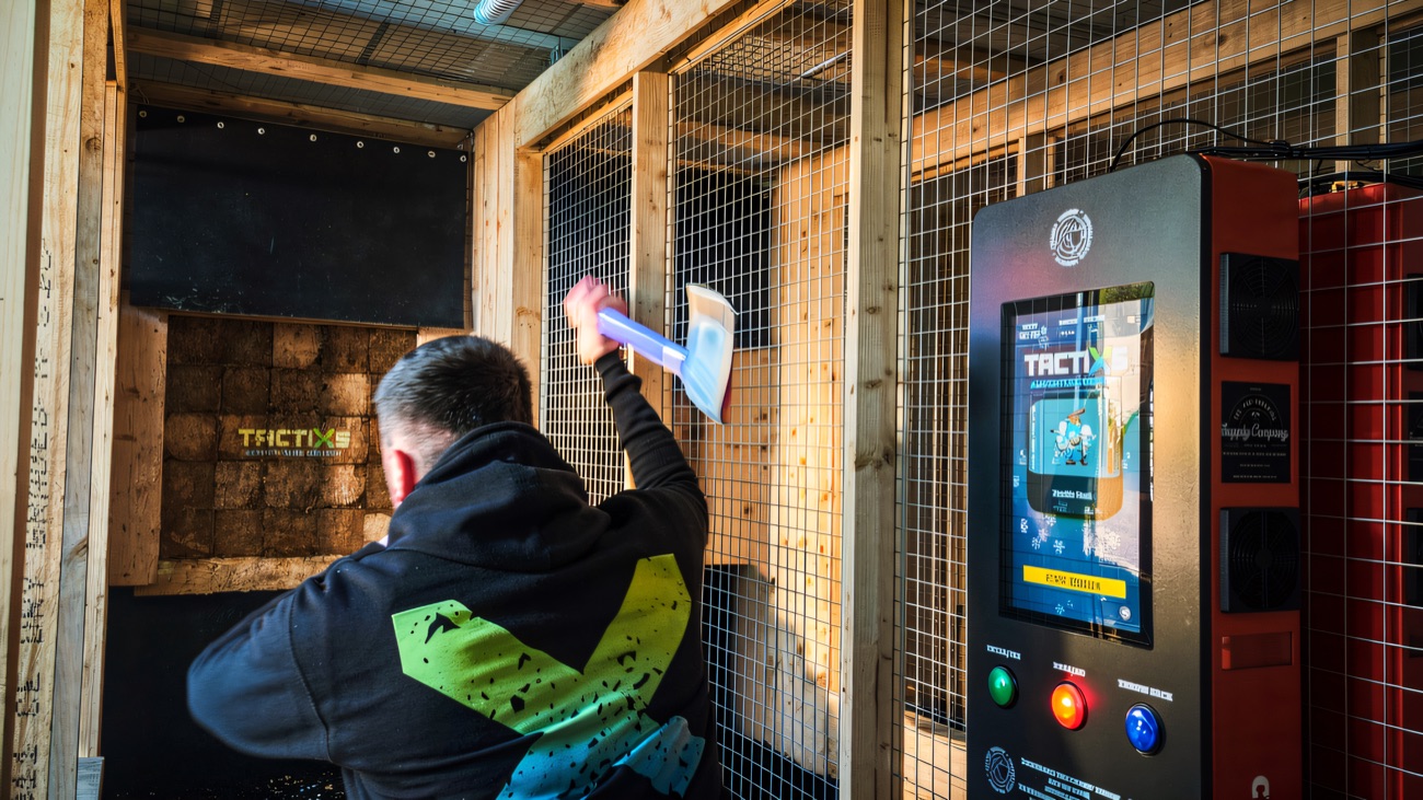 Lining up the throw at the axe-throwing lanes