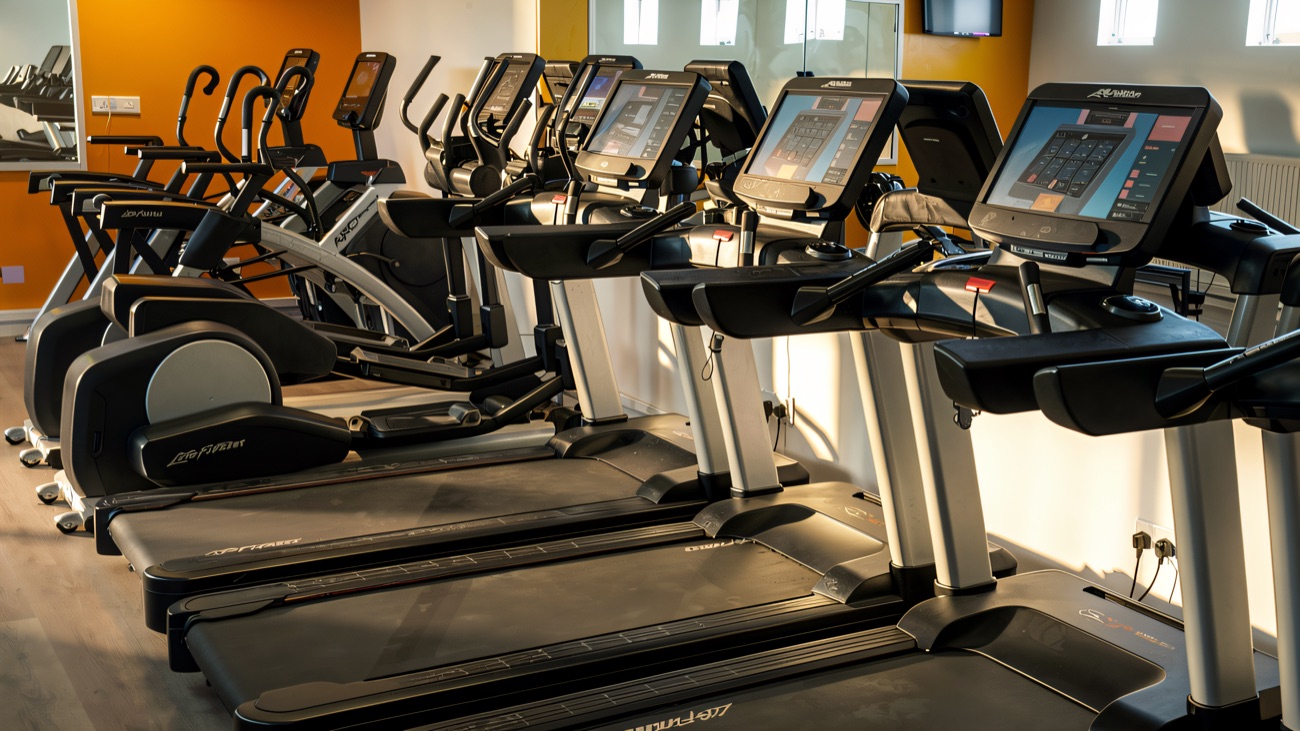 Row of treadmills and cross trainers in the bright yellow-walled gym