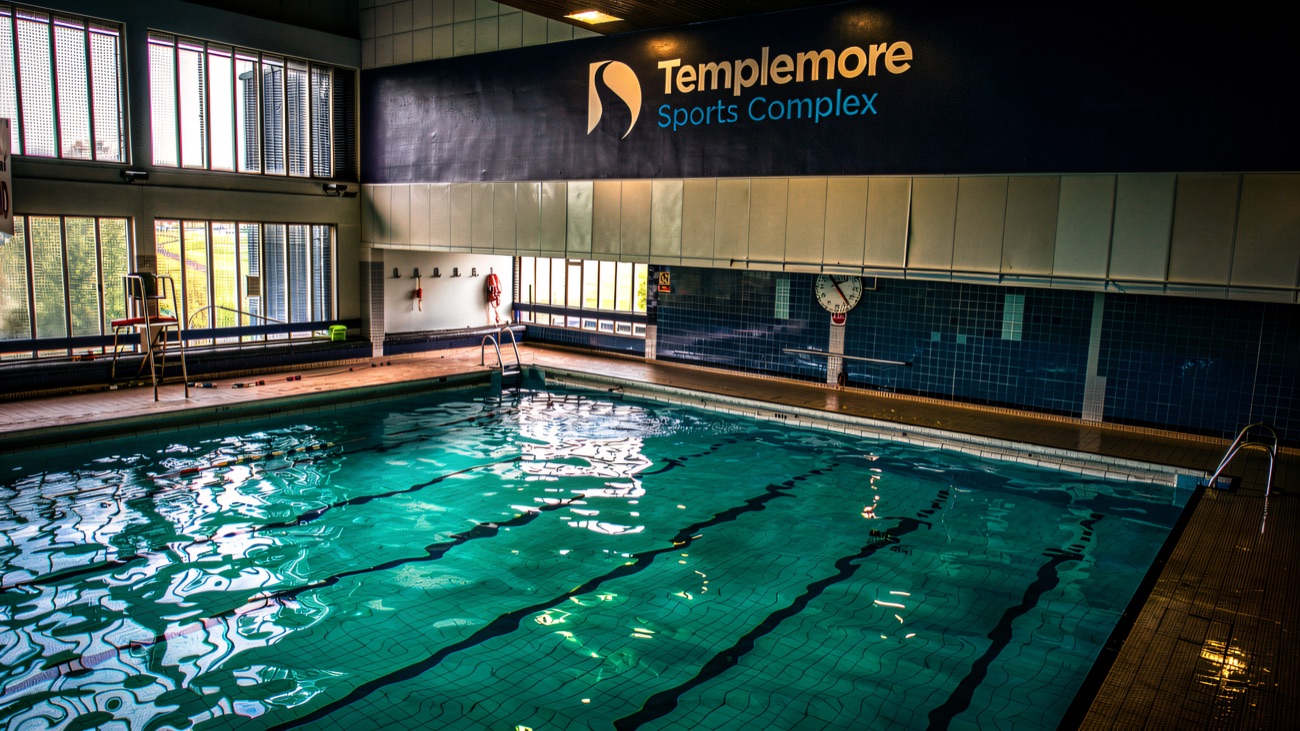 The main swimming pool, lanes ready and still