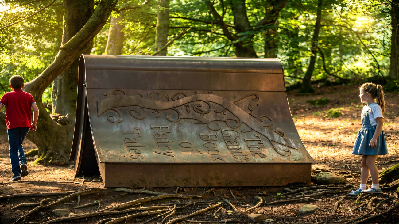The great bronze Book of Fairy Tales rising from the forest floor