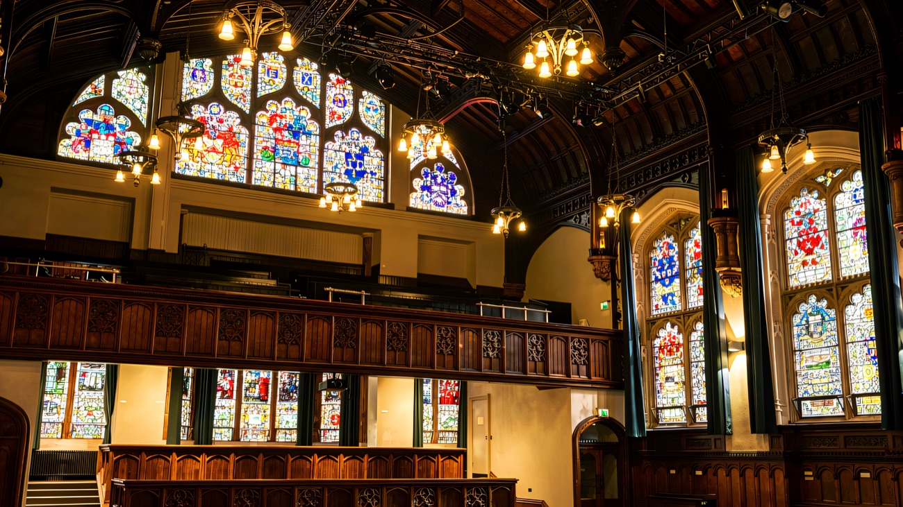 The Guildhall's main hall and its famous stained-glass windows