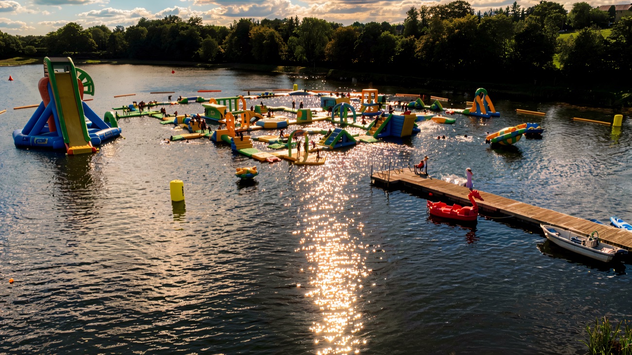 The aqua park in sunshine with sparkling water