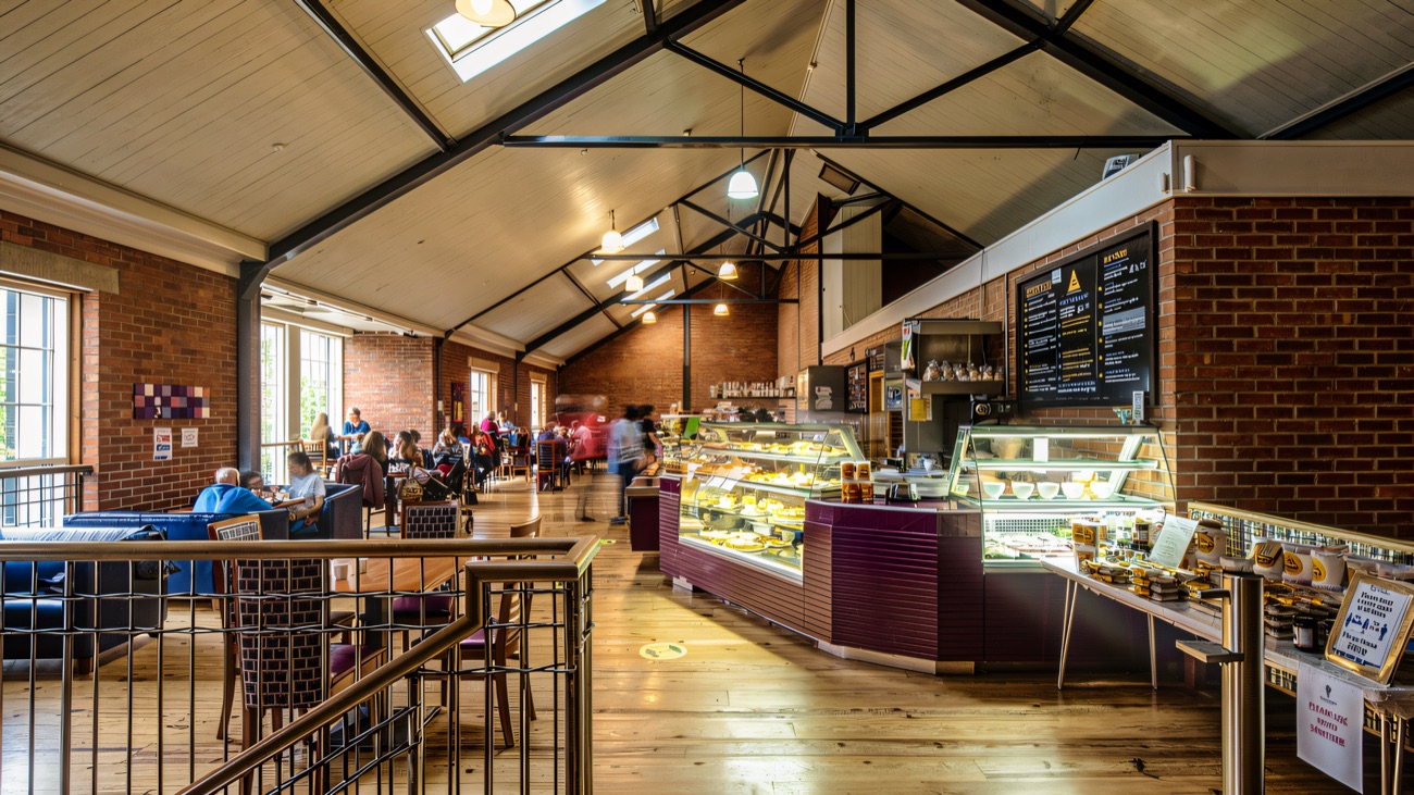 Inside The Loft Coffee Bar under the old mill roof trusses, with the counter and cake display