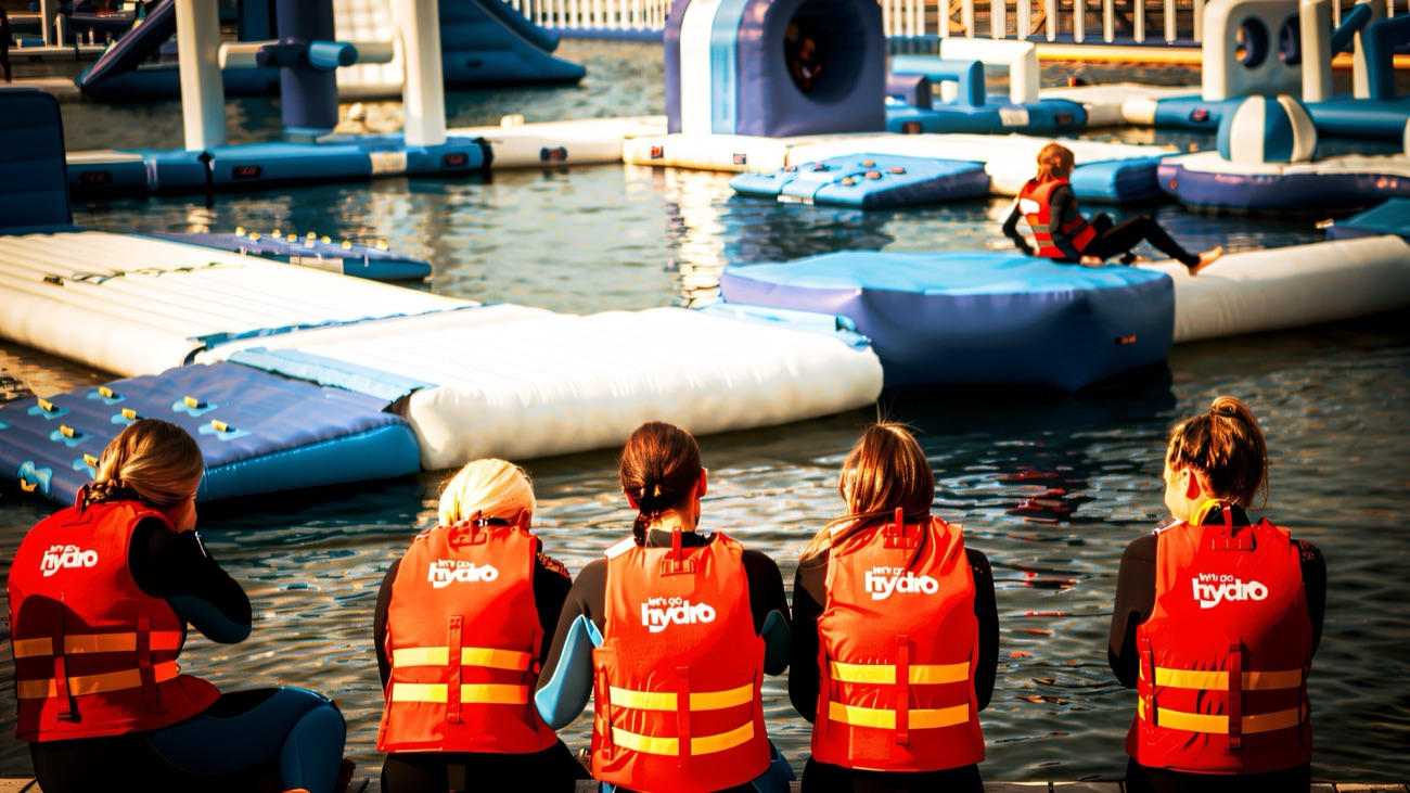 Children in red buoyancy aids watching the floating inflatable obstacle course at Let's Go Hydro