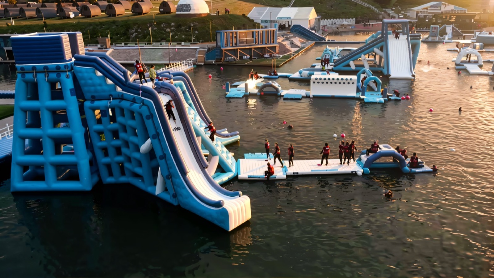 The floating aqua park slides at Let's Go Hydro