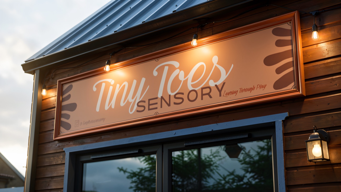 The Tiny Toes Sensory sign above the door on the timber-clad building