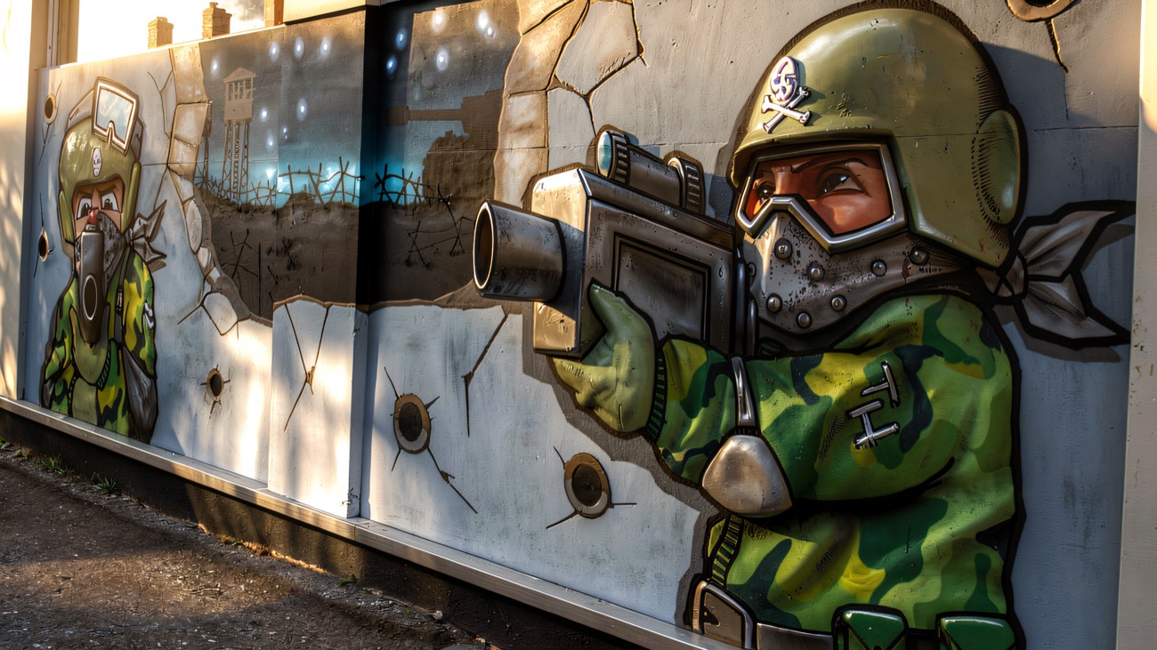 The painted cartoon-soldier mural along the outside wall of the centre
