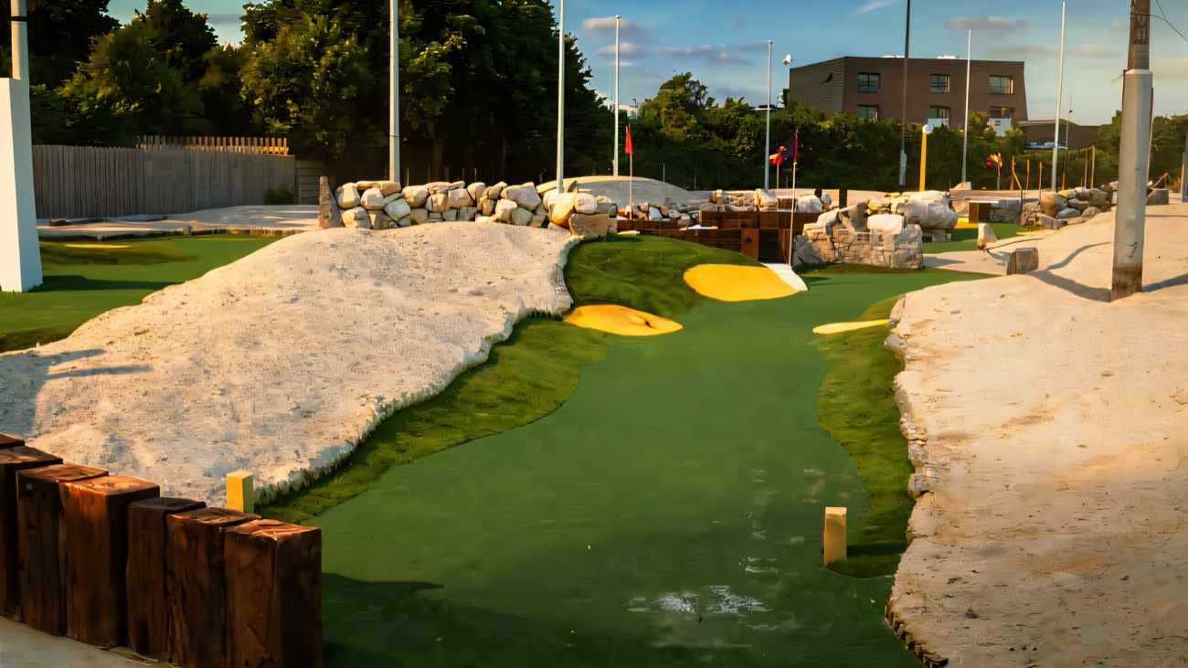 Sand-bunkered fairways and red flags on the seafront adventure golf course