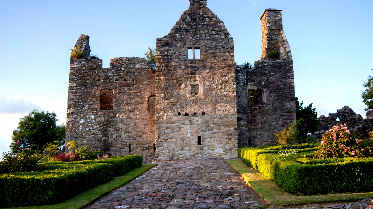 The cobbled path leading up through the recreated garden to the front of Tully Castle