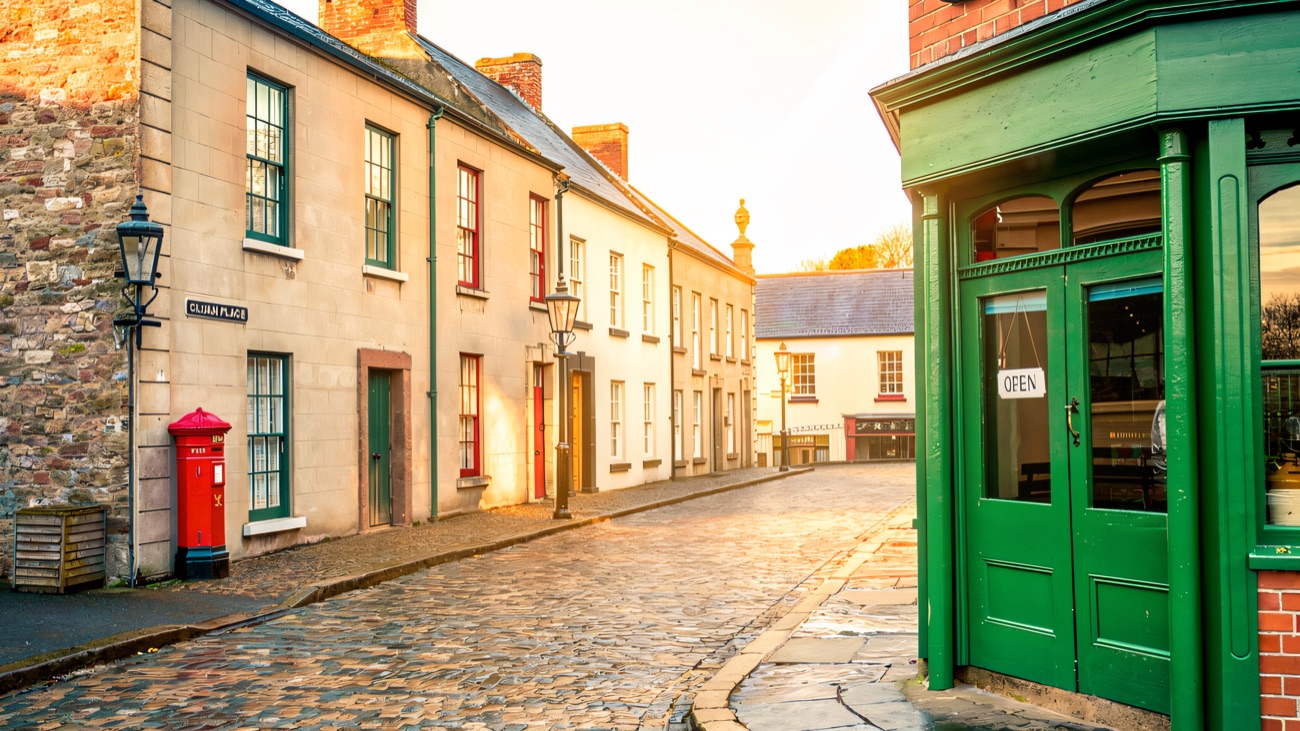 The recreated old town street with a red pillar post box, gas lamps and a green Victorian shopfront