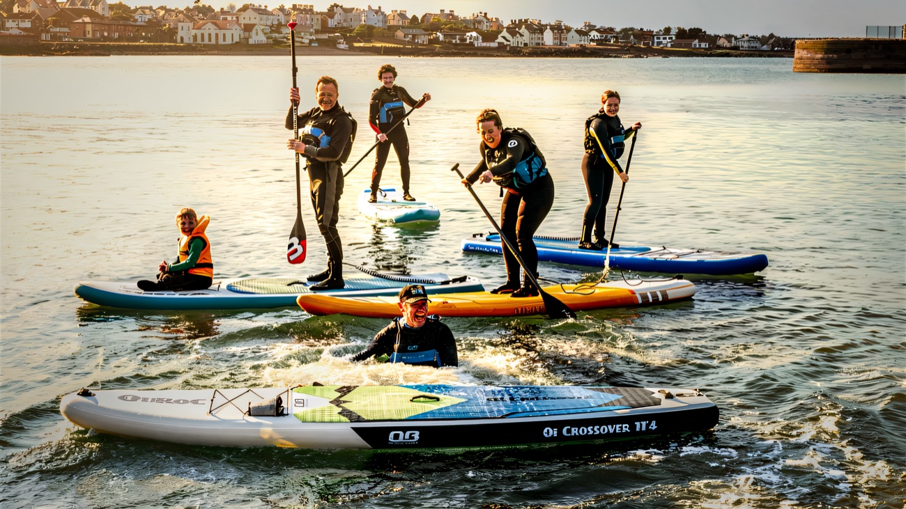 A paddleboard crew out on the harbour, Donaghadee's seafront in view