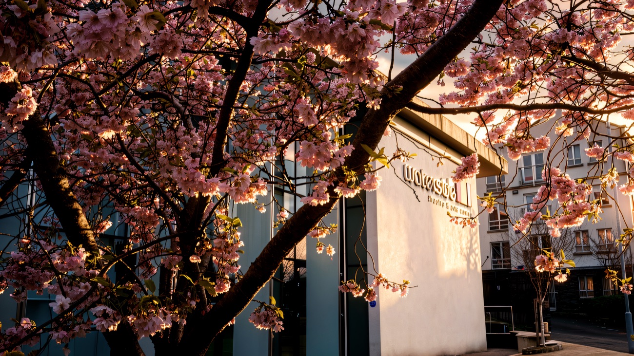 Spring cherry blossom framing the theatre entrance