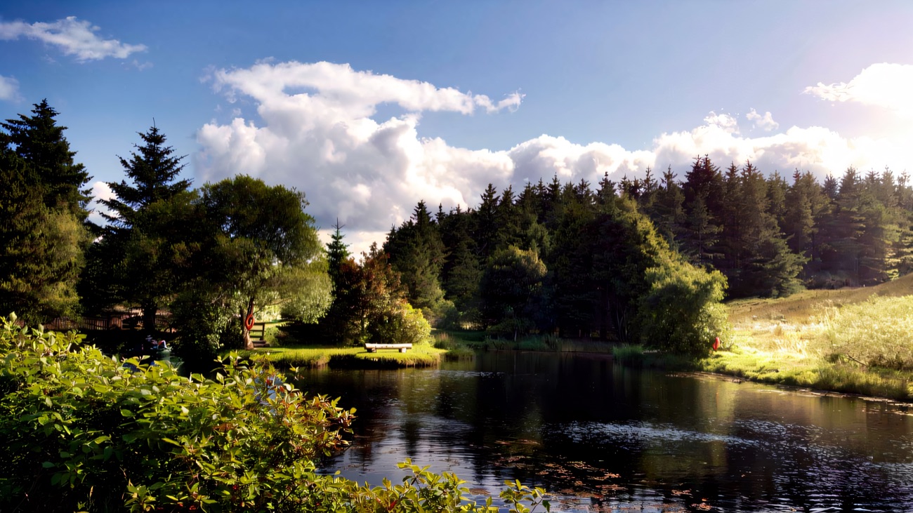 The farm's small lake fringed by forest under a bright blue summer sky, with a rowing boat on the far bank