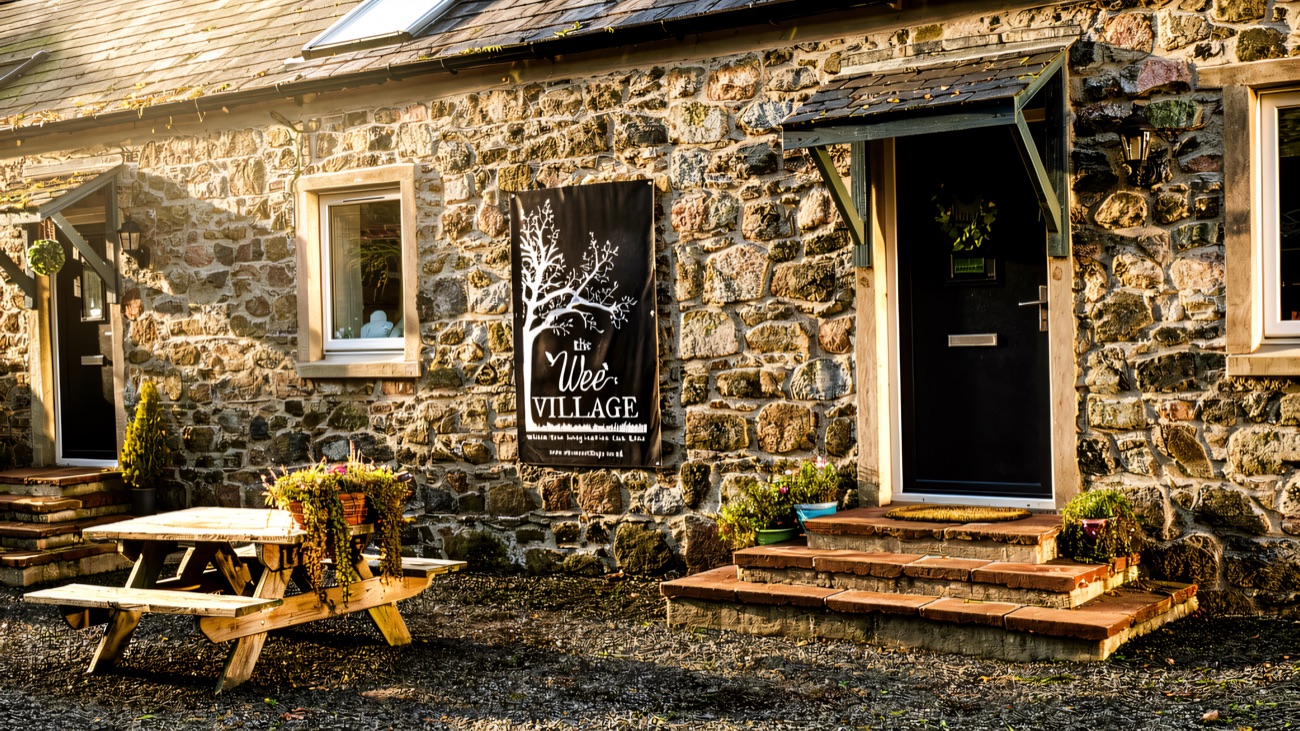 The stone cottage frontage with the Wee Village sign and a picnic bench outside