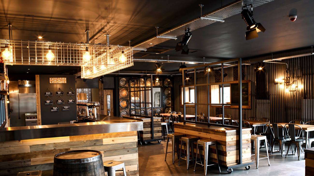 The taproom room with reclaimed timber counters, metal stools and caged bulb lighting.