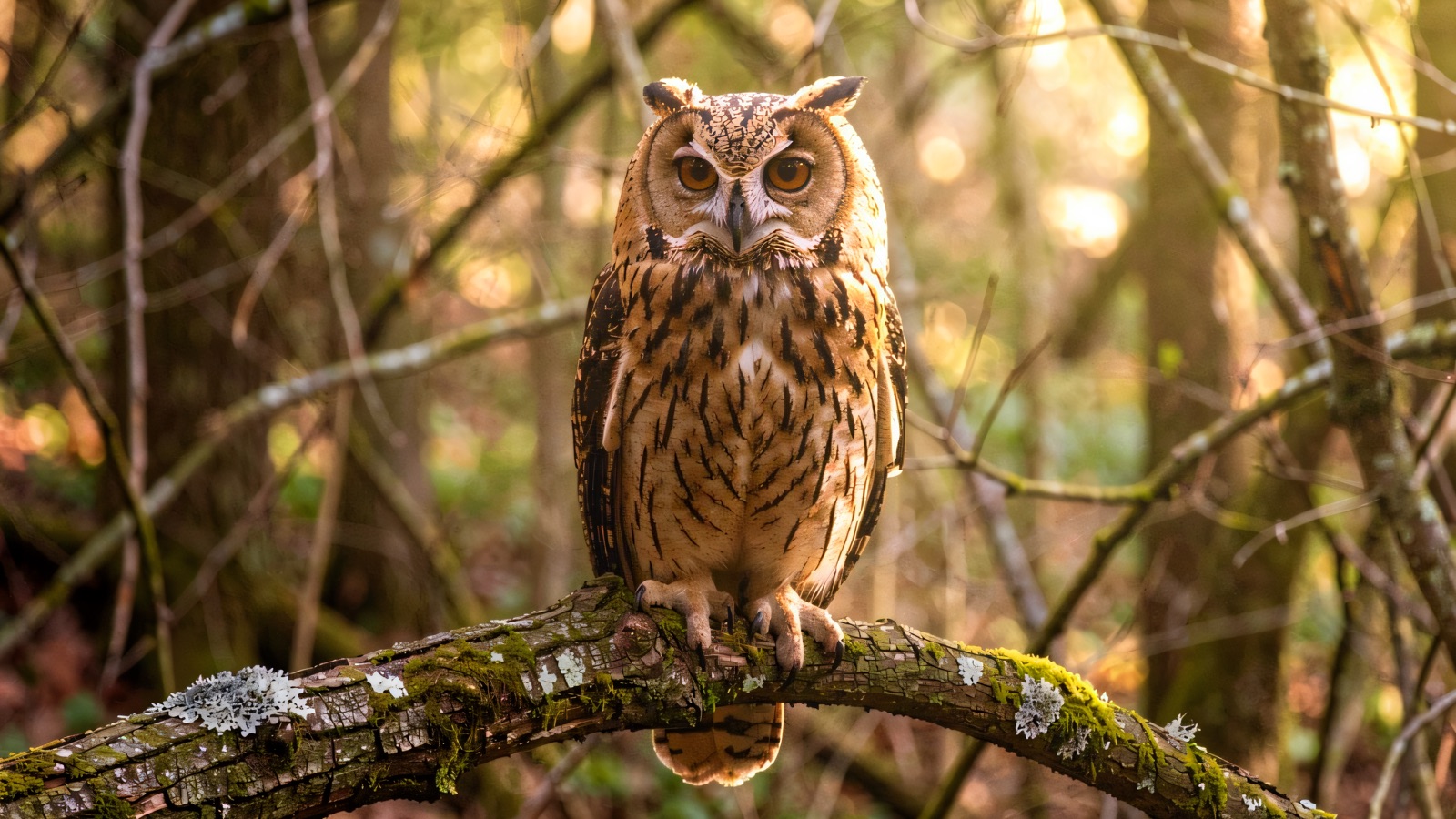 A wide-eyed eagle owl perched on a mossy branch in the woodland at World of Owls